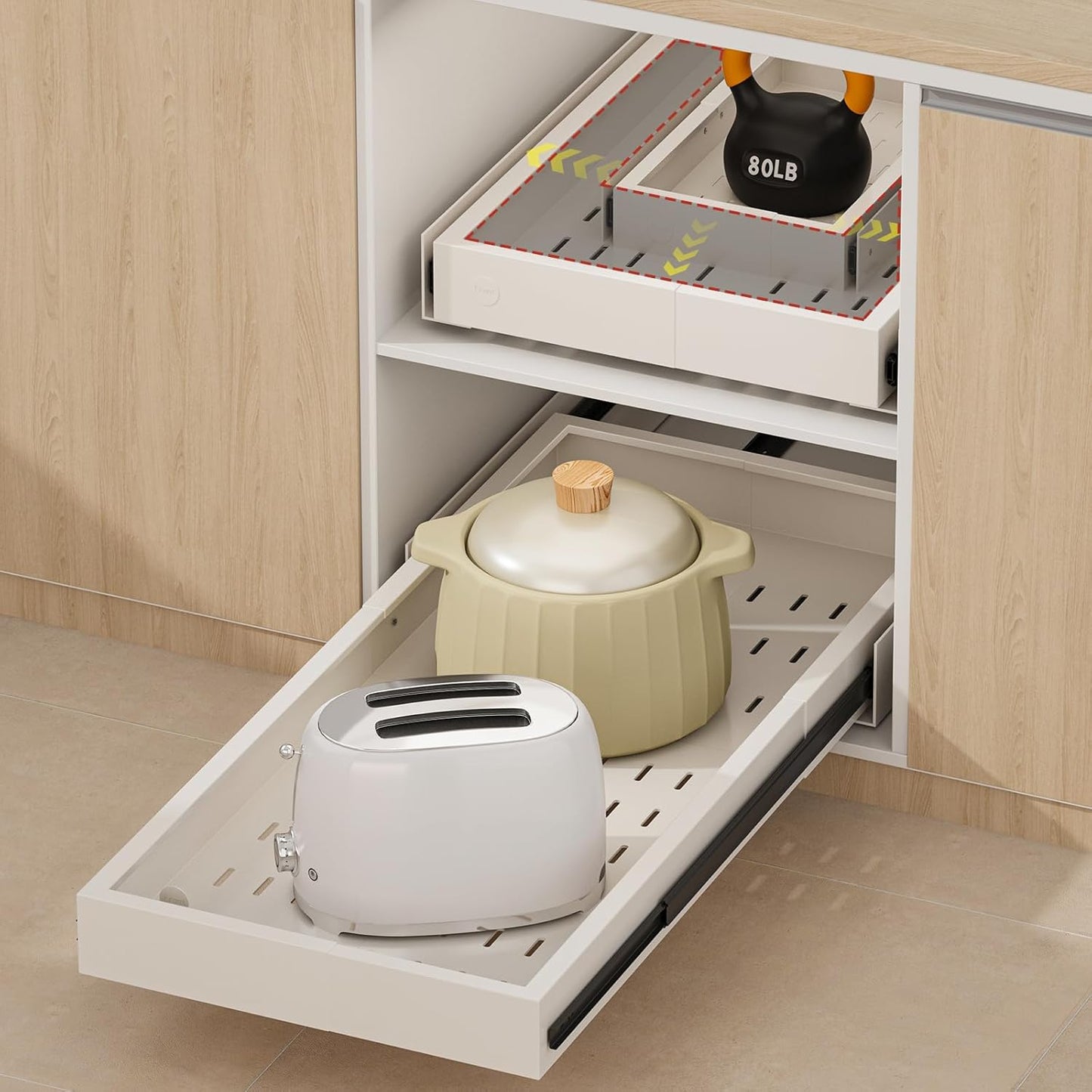 Fokyfok Pull Out Cabinet Organizer,23"-31"W,17"-24"D,Expandable,Adhesive | No Drill,5 Rails,Adjustable Slide out Drawers for Kitchen,Pantry,Roll out Shelves,Cabinets Without Lip,Framless,White,1PC