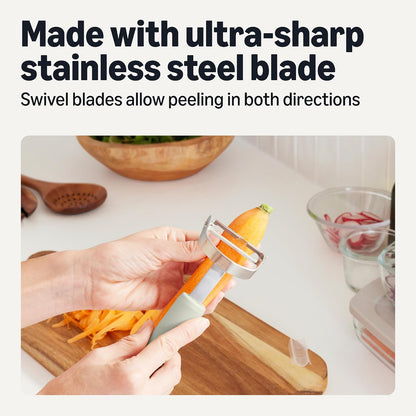 Amazon Basics Vegetable and Potato Peelers with Ultra-Sharp Stainless Steel Swivel Blades, Non-Slip Soft-Touch Handle, Protective Covers, 2-Piece Set, Dishwasher-Safe, Linen Gray