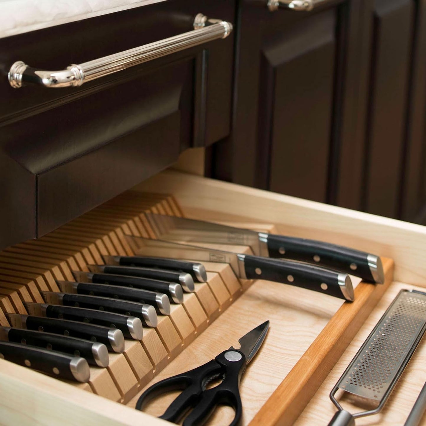 Rev-A-Shelf Trim-to-Fit Knife Block Drawer Insert Organizer with Separate Compartment for Kitchen Utensils, 55 Slot Storage Tray, Walnut, 4WDKB-WN-1