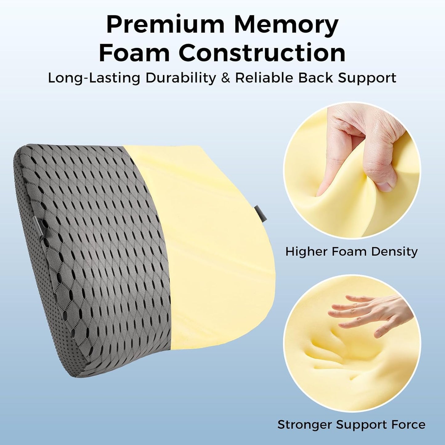 Lumbar Support Pillow for Car & Office Chair - High-Density Memory Foam Back Cushion for Sciatica & Lower Back Pain Relief - Non-Slip Support for Long Commutes & Desk Workers (Black)
