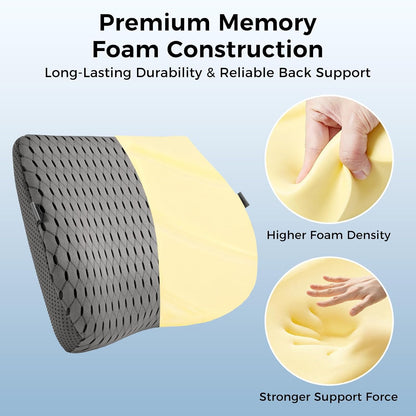 Lumbar Support Pillow for Car & Office Chair - High-Density Memory Foam Back Cushion for Sciatica & Lower Back Pain Relief - Non-Slip Support for Long Commutes & Desk Workers (Black)