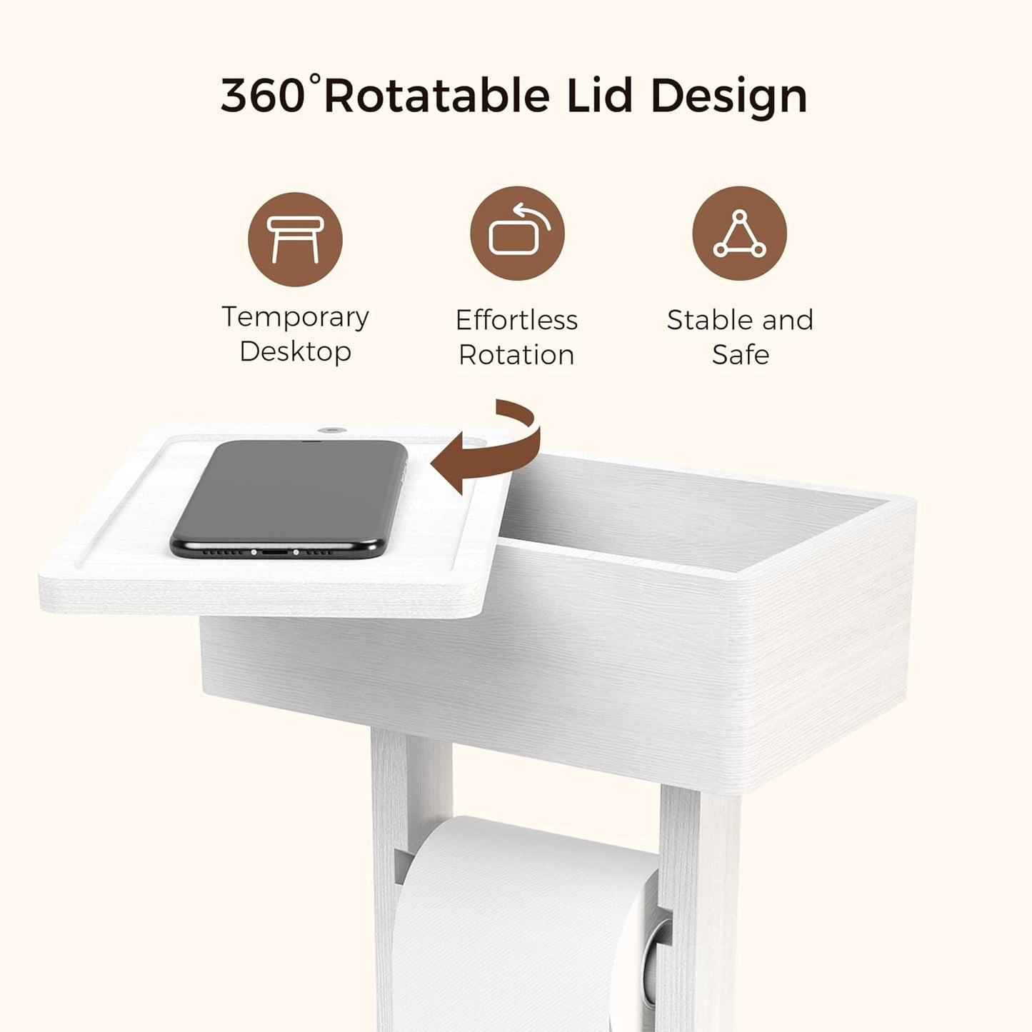 4-in-1 Black Toilet Paper Holder Stand with Storage Shelf Box, 360° Rotating Bamboo Free Standing Toilet Tissue Roll, Toilet Wipes Dispenser Organizer, Temporary Desktop for Bathroom (Patent) | 360° Rotating Bamboo Free Standing Toilet Tissue Roll,