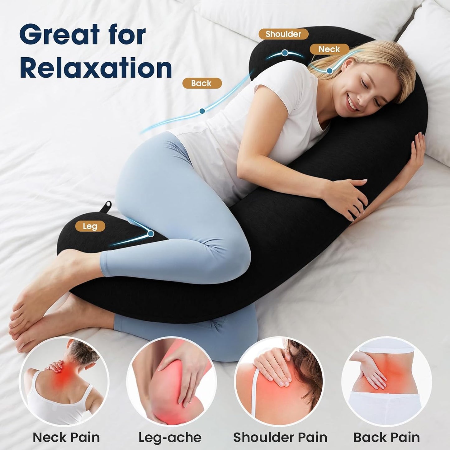 TranquilRelax C Shaped Body Pillow for Side Sleepers, Memory Foam Long Pillow for Leg, Hip & Back Support, Soft Washable Cover,Grey-47"*10"