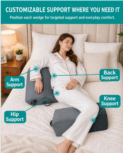 Positioning Wedge Pillow Set, 3-Piece Bed Wedge and Body Positioner for Adults, High-Resilience Foam Support Pillows for Side Sleeping, Knee Elevation, Elderly Care, Recovery, Home Care