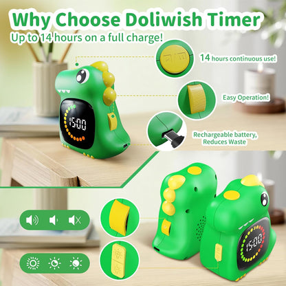 Pink Dinosaur Visual Timer for Kids, Girls Potty Training Timer | Color Countdown, Rechargeable, LED Screen, 99 Minute, Toddler, Children, Transition, 2-Min Toothbrush Setting, Hand Washing