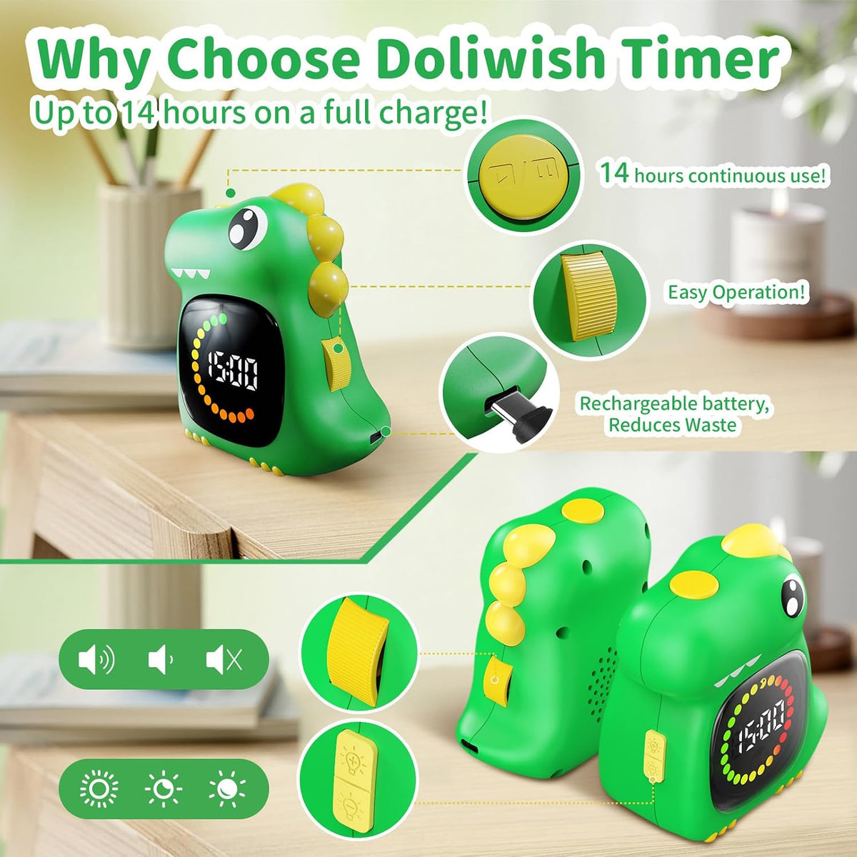 Pink Dinosaur Visual Timer for Kids, Girls Potty Training Timer