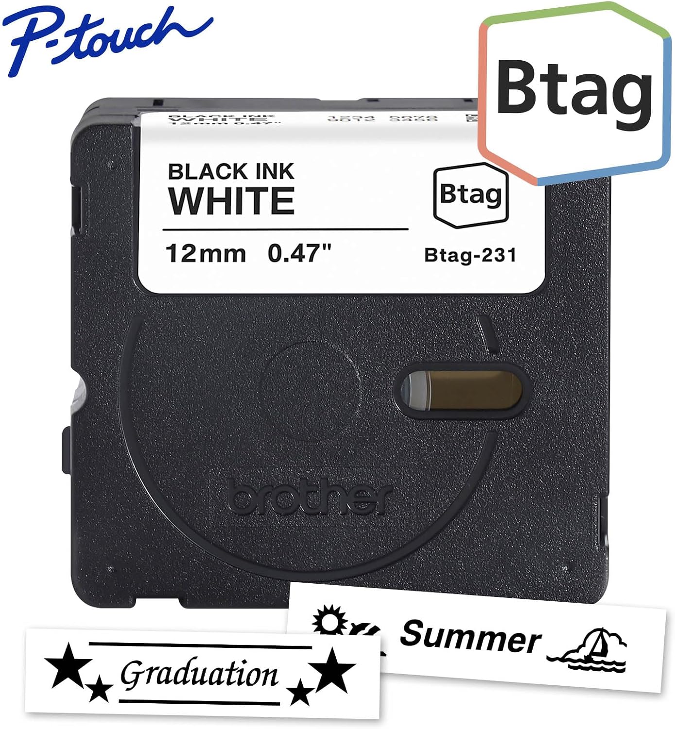 Brother Genuine P-Touch Btag BTAG231 Black on White Label Tape ~1/2in by 13.1ft (12mm x 4m). (Works Only with Brother PT-N10, PT-N20, PT-N25BT Label Makers)