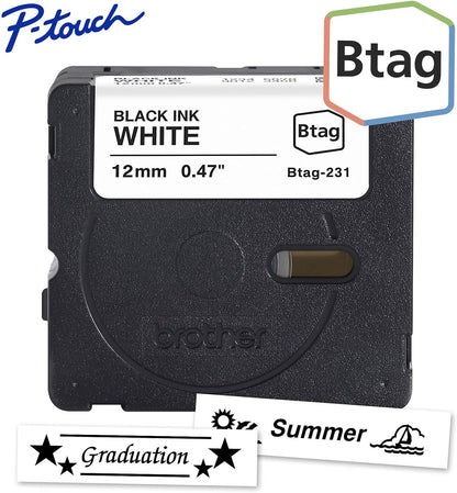 Brother Genuine P-Touch Btag BTAG231 Black on White Label Tape ~1/2in by 13.1ft (12mm x 4m). (Works Only with Brother PT-N10, PT-N20, PT-N25BT Label Makers)