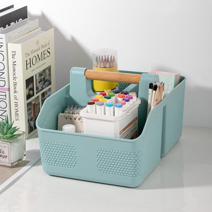 Plastic Shower Caddy Portable Shower Basket with Bamboo Handle, White | Cleaning Caddy Organizer Storage Tote for Bathroom, College Dorm Essentials, Bath Toy Storage