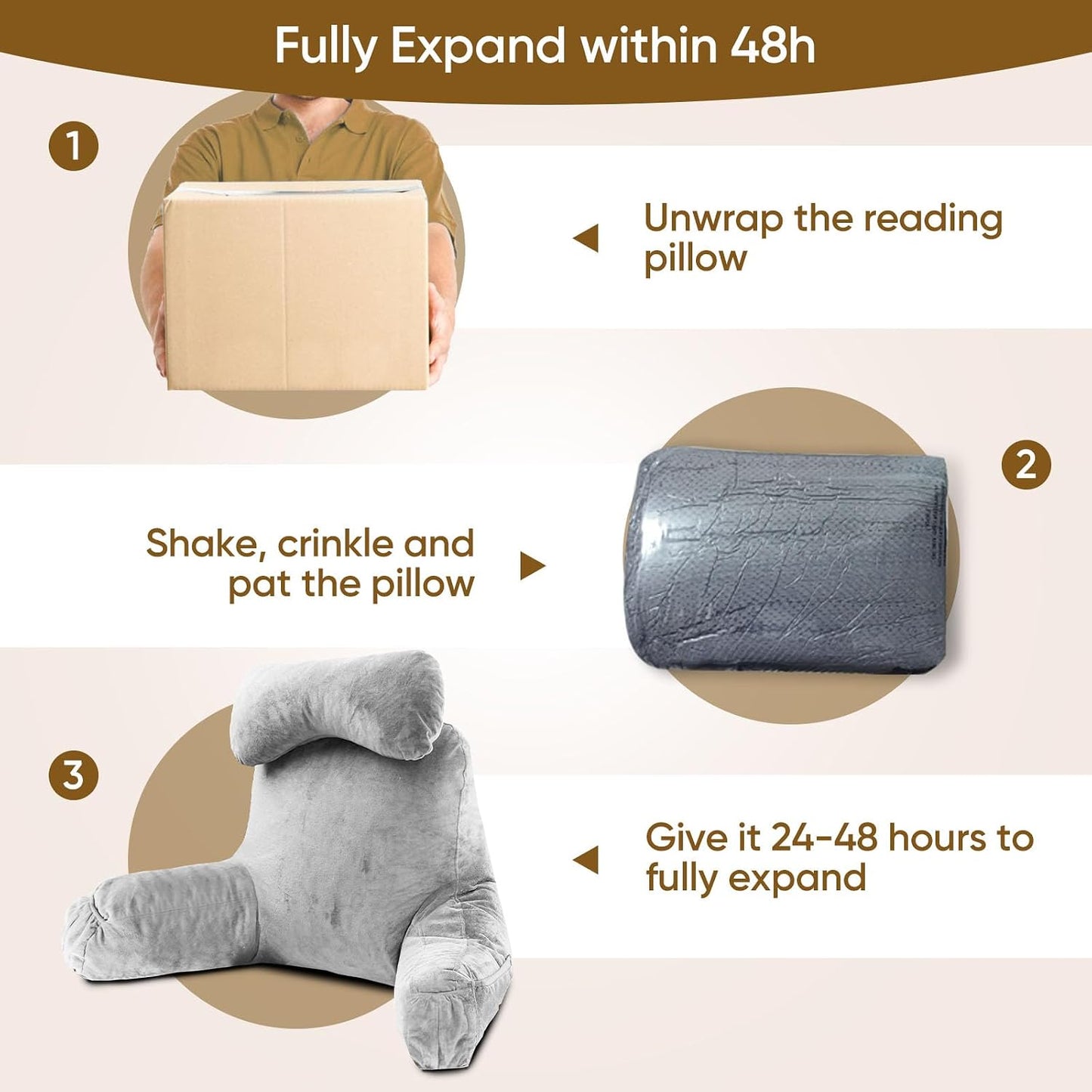 OAISZ Reading Pillow for Sitting in Bed with Shredded Memory Foam, Grey | 19-Inch Back Pillow for Sitting Up in Bed, Extended Arms, Side Pockets, Supportive Adjustable Pillow Removable Washable Cover