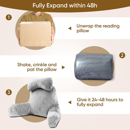 OAISZ Reading Pillow for Sitting in Bed with Shredded Memory Foam, Grey | 19-Inch Back Pillow for Sitting Up in Bed, Extended Arms, Side Pockets, Supportive Adjustable Pillow Removable Washable Cover