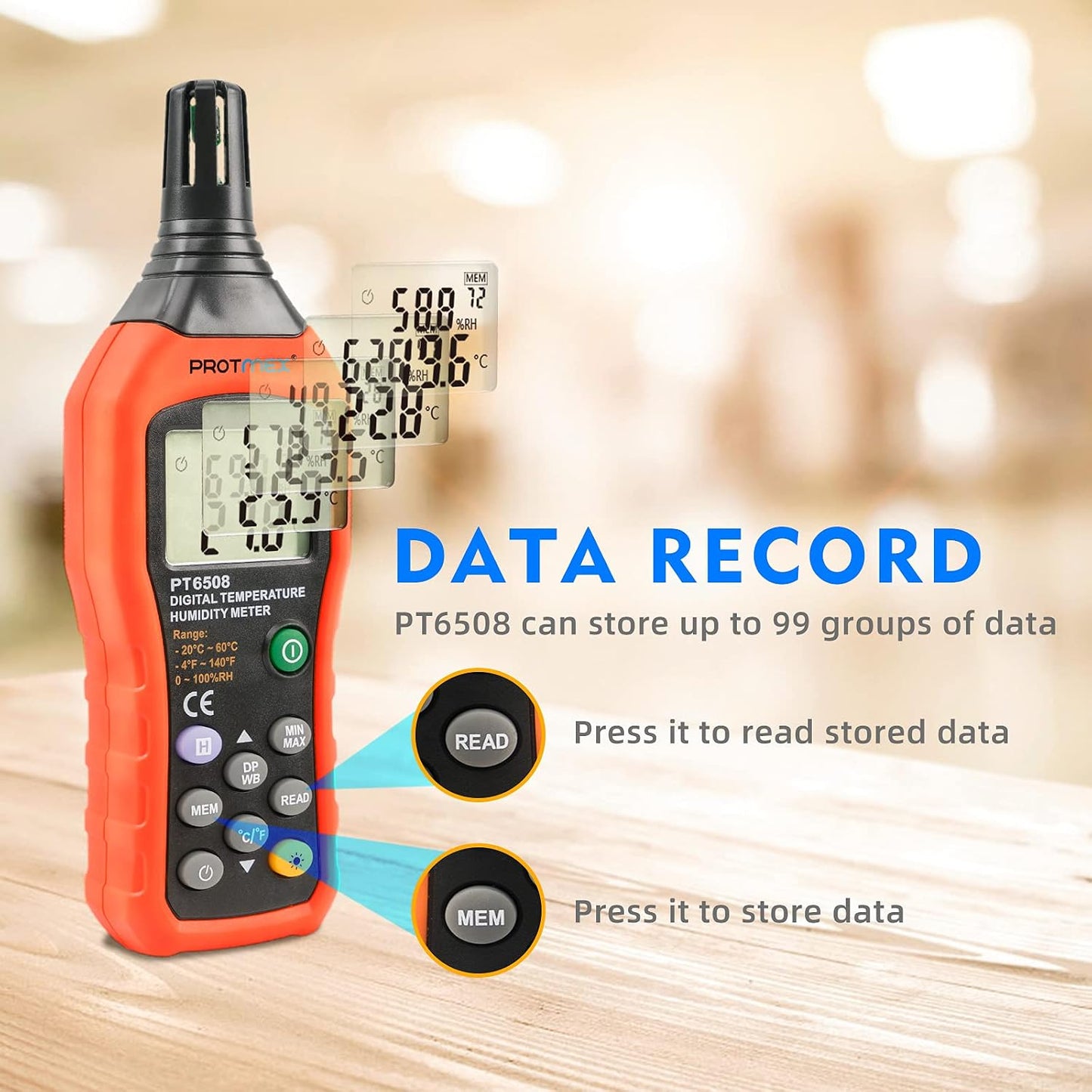 PT6508 Temperature Humidity Meter - Wet Bulb for Indoor/Outdoor | Digital Thermometer Hygrometer Monitor with Ambient, Dew Point, MIN, MAX, Data Hold, LCD Backlight