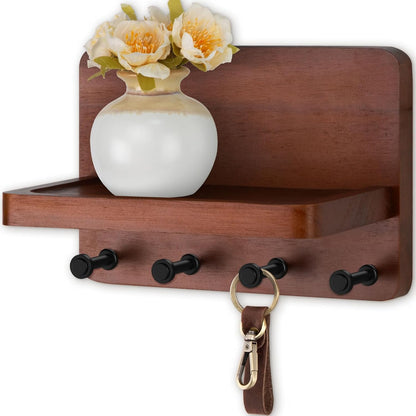 Nekon Key Holder for Wall with Shelf, Pine Wooden Key Hanger, Black | Small Wall Mounted Key Holder with 4 Hooks, Farmhouse Wall Organizer for Home Entryway & Apartment
