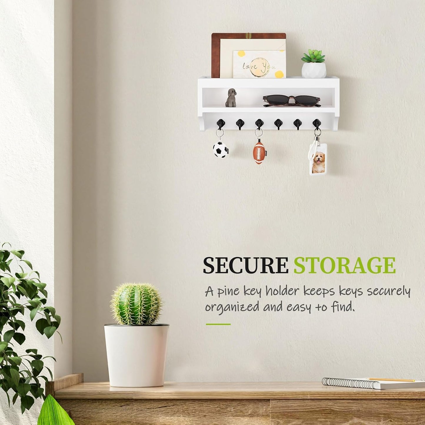 Nekon Key Holder Wall Mount, Pine Wooden Mail Organizer, White | 12.8"W x 5.6"H x 3.7"D Wall Mounted Key and Mail Organizer with 6 Key Hooks, Key Rack for Home Entryway Decor
