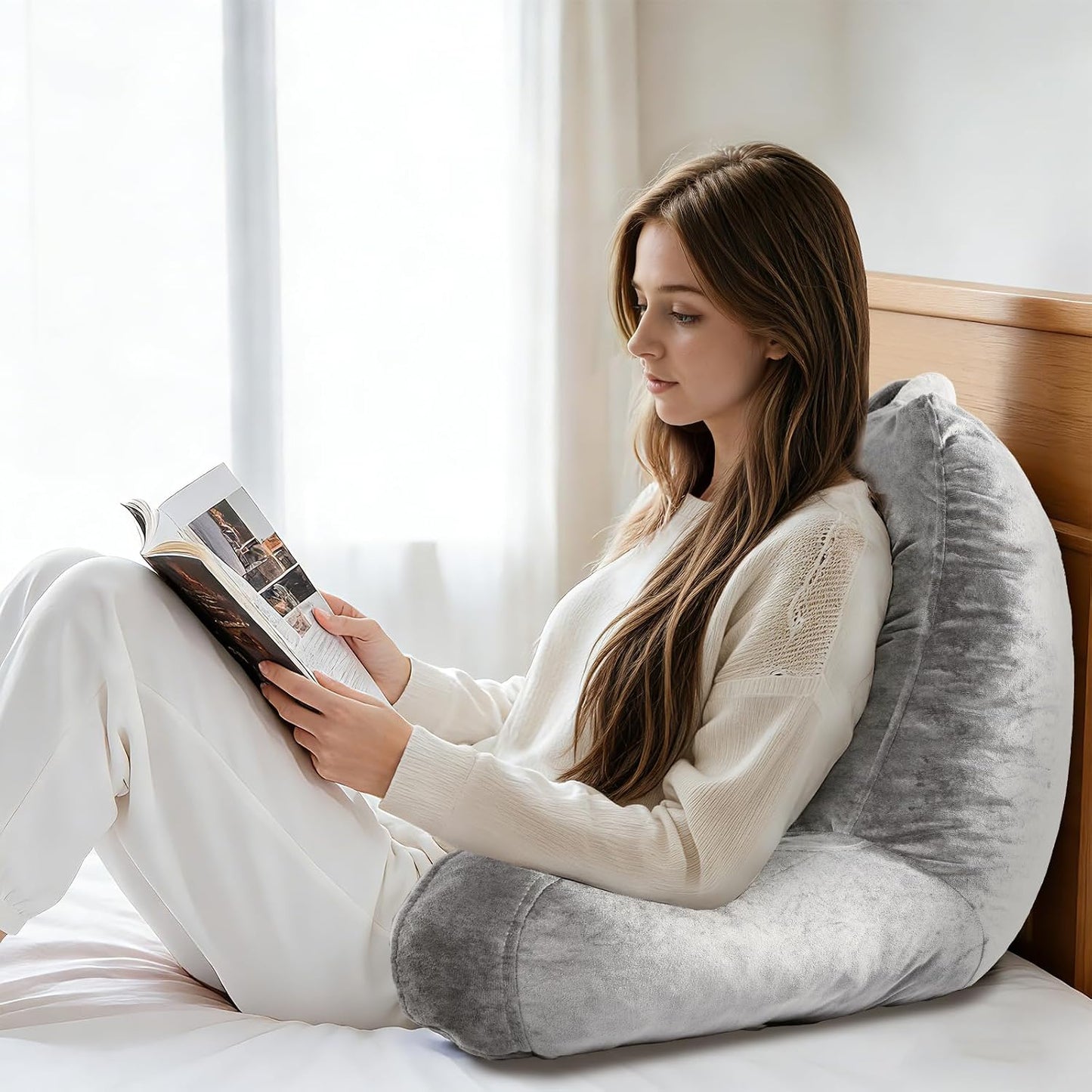 OAISZ Reading Pillow for Sitting in Bed with Shredded Memory Foam, Grey | 19-Inch Back Pillow for Sitting Up in Bed, Extended Arms, Side Pockets, Supportive Adjustable Pillow Removable Washable Cover