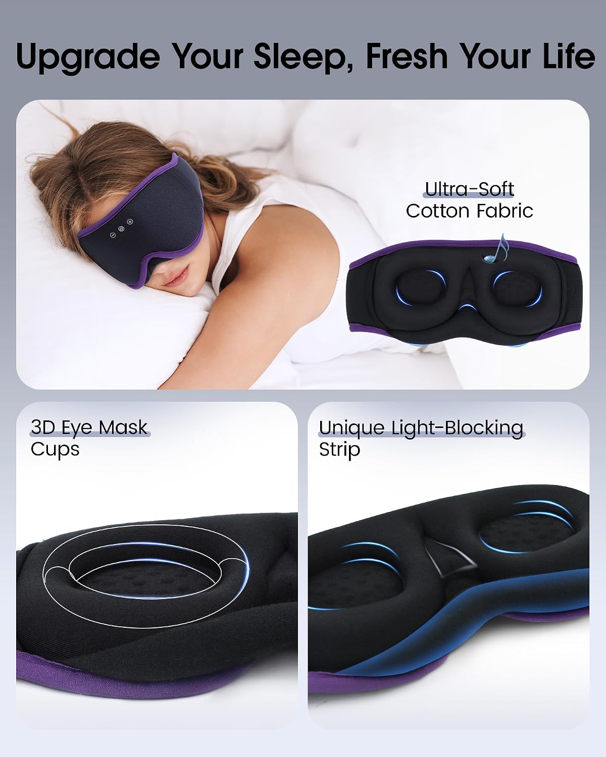 MUSICOZY Sleep Mask Bluetooth Headphones Eye Masks for Sleeping Headphone | 3D Wireless EyeMasks for Side Sleepers, 14-Hour Playtime, Ultra-Soft Breathable, Ultra-Thin Stereo Speakers for Women Men