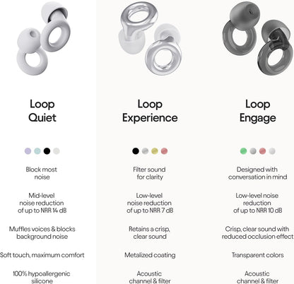 Loop Quiet - Ear Plugs for Sleep – Super Soft, Reusable Hearing Protection in Flexible Silicone for Noise Reduction & Flights - 8 Ear Tips in XS/S/M/L - SNR 24dB & NRR 14 Noise Cancelling - White