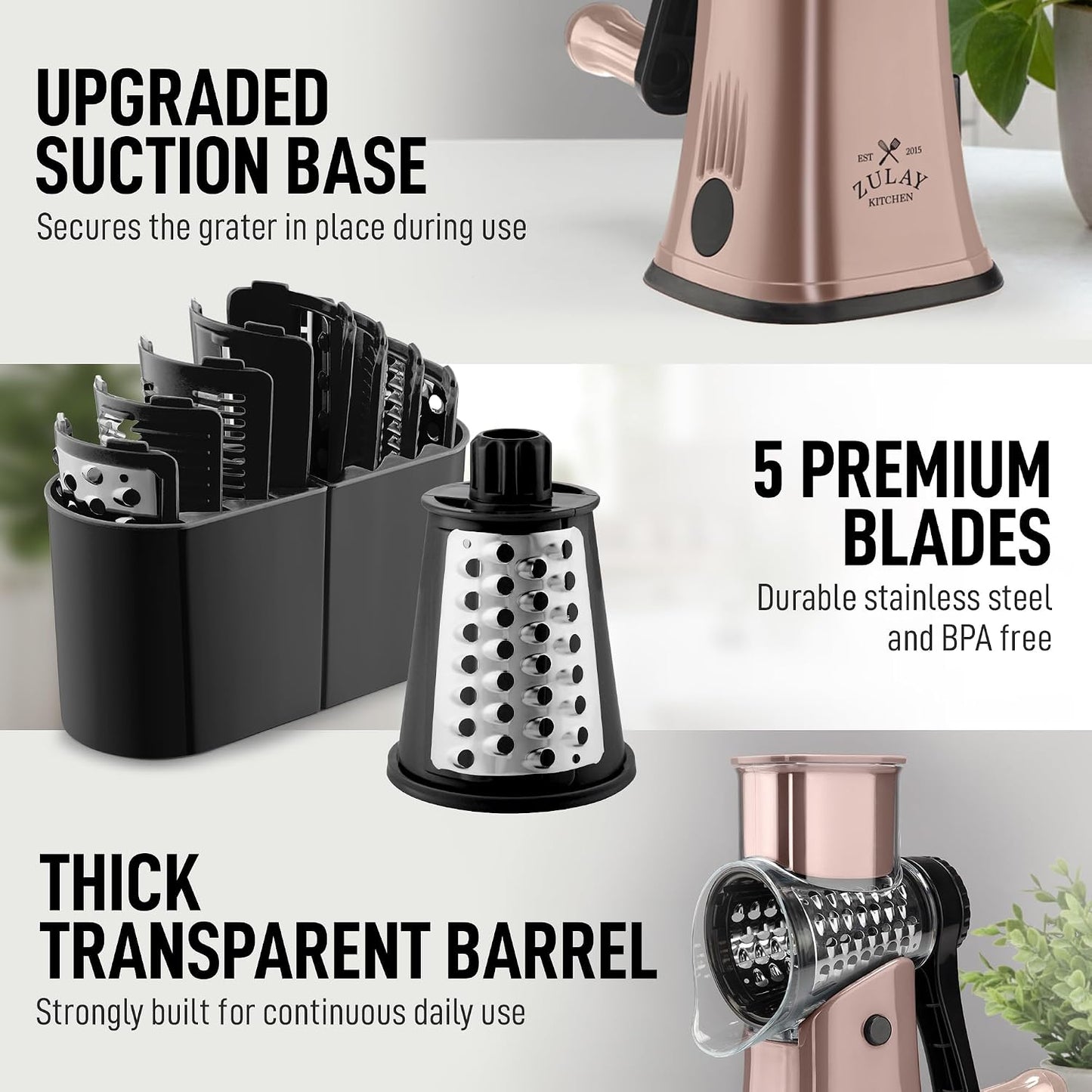 Zulay Kitchen Rotary Cheese Grater 5 Blade Cheese Shredder - Manual Hand Crank Cheese Grater With Reinforced Suction & 5 Interchangeable Drums - Easy to Use, Vegetable Chopper Round Mandoline Slicer - Colors B