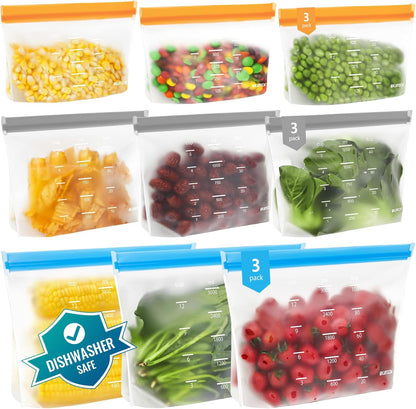 IDEATECH Reusable Bags Dishwasher Safe, BPA Free Reusable Gallon Freezer Bags, Stand Up Leakproof Food Storage Bags for Marinate Meats, Salad Fruit, Vegetables, Home Organization -Gray 6 Large Bags
