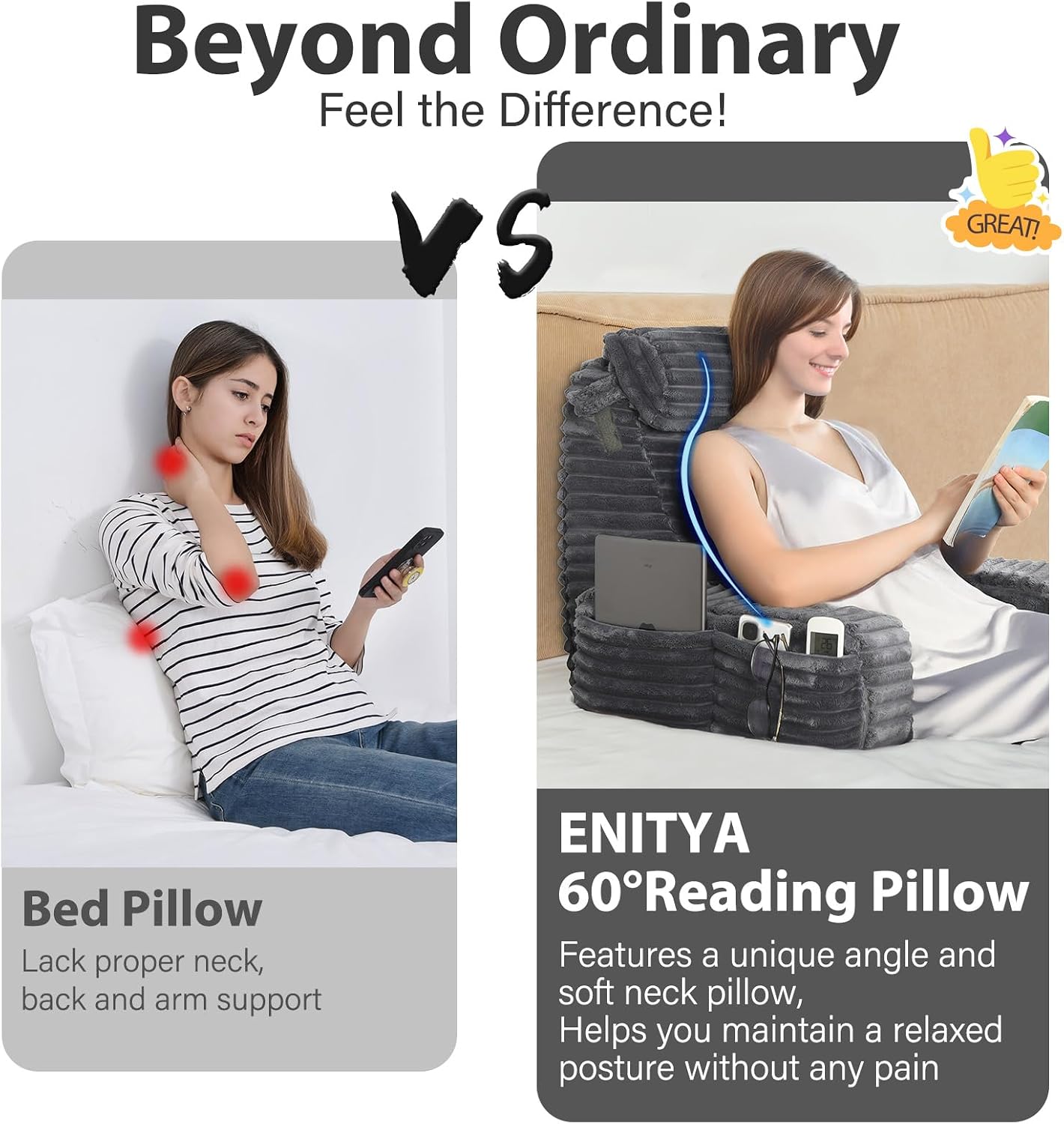 ENITYA 22" XL Back Pillow for Bed Sitting Up with Armrests & Big Pockets | Reading Pillow for Bed, Soft Back Support Chair, Ideal for Watching TV, Gaming, Nursing, Resting, Post Surgery, Dark Grey