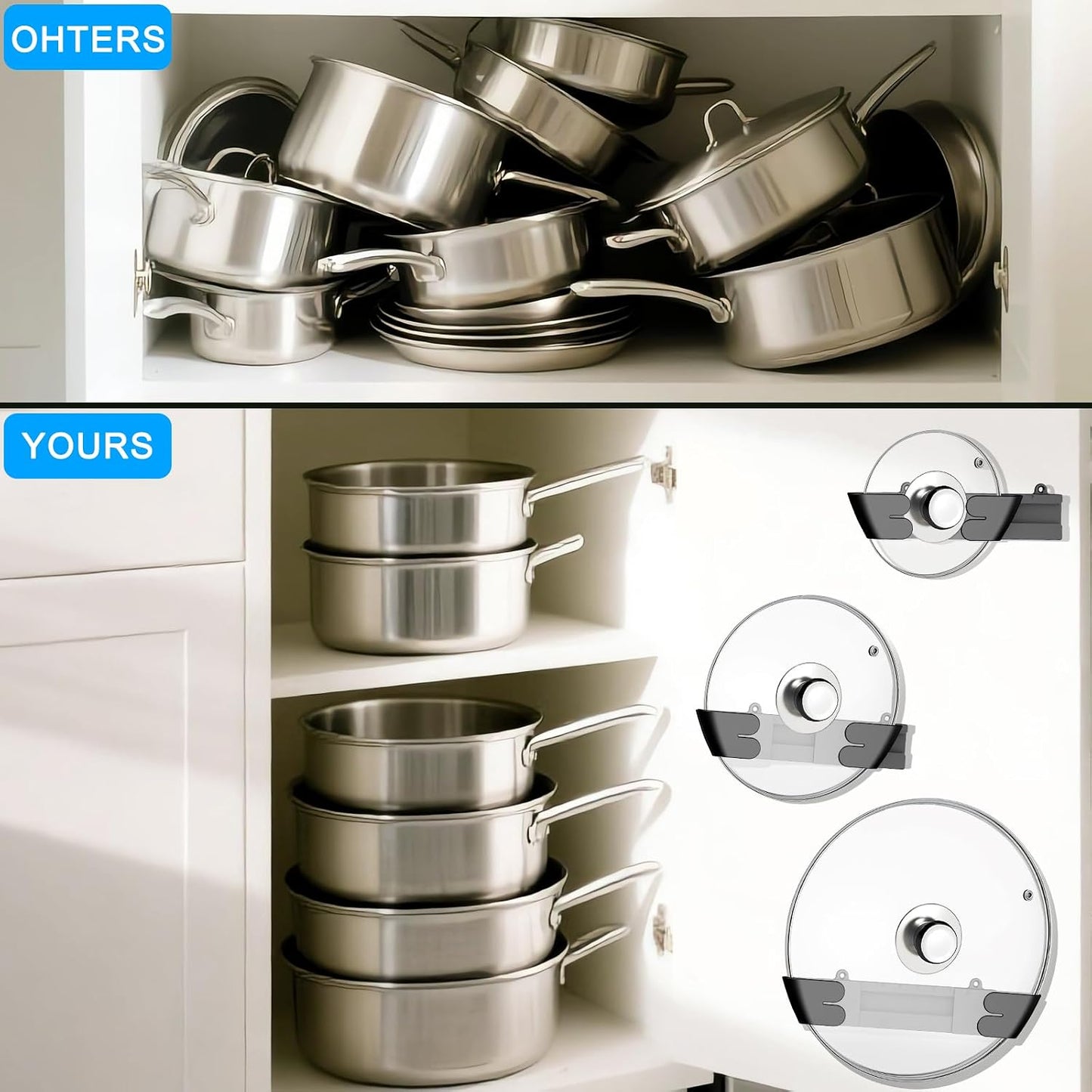 Adjustable Universal Pot Lid Holder Organizer - Upgraded Patented Pan Lids Organizers Inside Cabinet Door Wall Mount Pots Top Rack for Kitchen Cupboard Fit 6" to 13" (4Pack-Black)