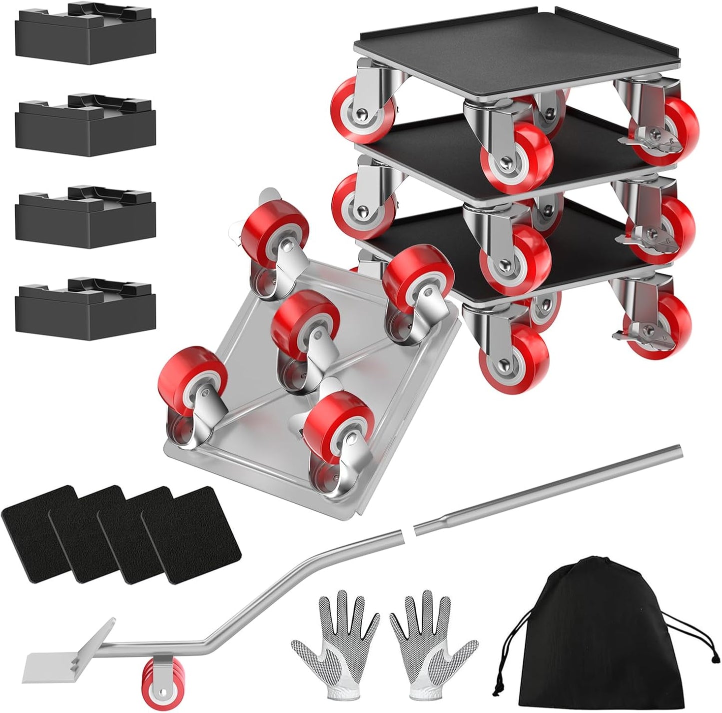 LOYAL TIGER 1500LBS Heavy Duty Furniture Dolly & Movers Set (5.4 Inch, Red) | 5-Wheel Carbon Steel Rollers with Locking Casters & Lifter. Moving Kit for Refrigerator, Washer, Sofa & Cabinet.