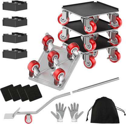 LOYAL TIGER 1500LBS Heavy Duty Furniture Dolly & Movers Set (5.4 Inch, Red) | 5-Wheel Carbon Steel Rollers with Locking Casters & Lifter. Moving Kit for Refrigerator, Washer, Sofa & Cabinet.