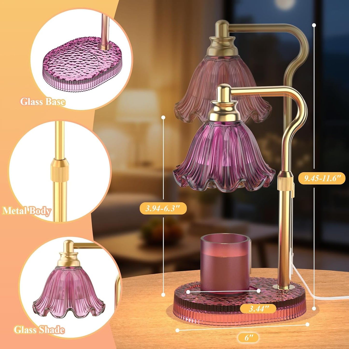 Flower Candle Warmer Lamp,Adjustable Timer & Dimmer(Green) | Adjustable height fits jars. Timer & dimmer safe melt. 2 bulbs & heat-proof base. Perfect for bedroom, office, or gifting.