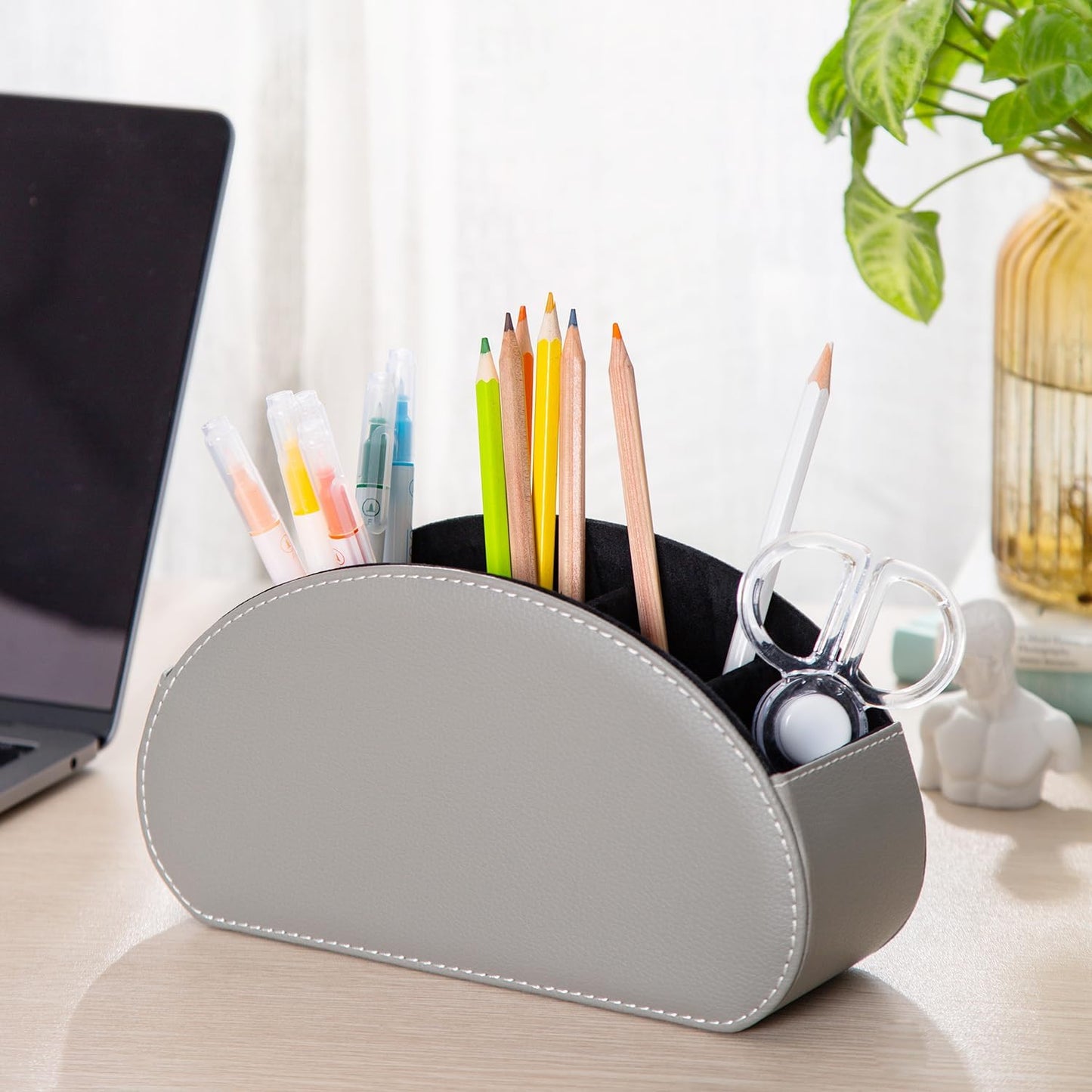 Remote Control Holders Organizer Box with 5 Compartment PU Leather Caddy | Multi-functional Office Desk Storage Caddy Store Tv Remote for Media Player,Brush,Pencil,Glassees&Office Supplies