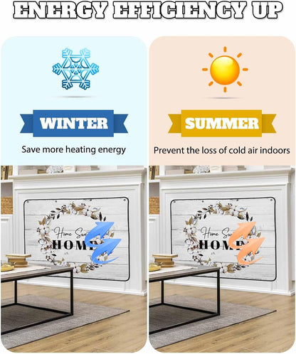 Farmhouse Wreath Magnetic Fireplace Cover,Fireplace Draft Blocker,Sweet Home Rustic Plants Texture Grey Wood Fireplaces Blanket for Heat Loss/Cold Air,Fireplaces Draft Stopper Cover for Inside 36"x30"