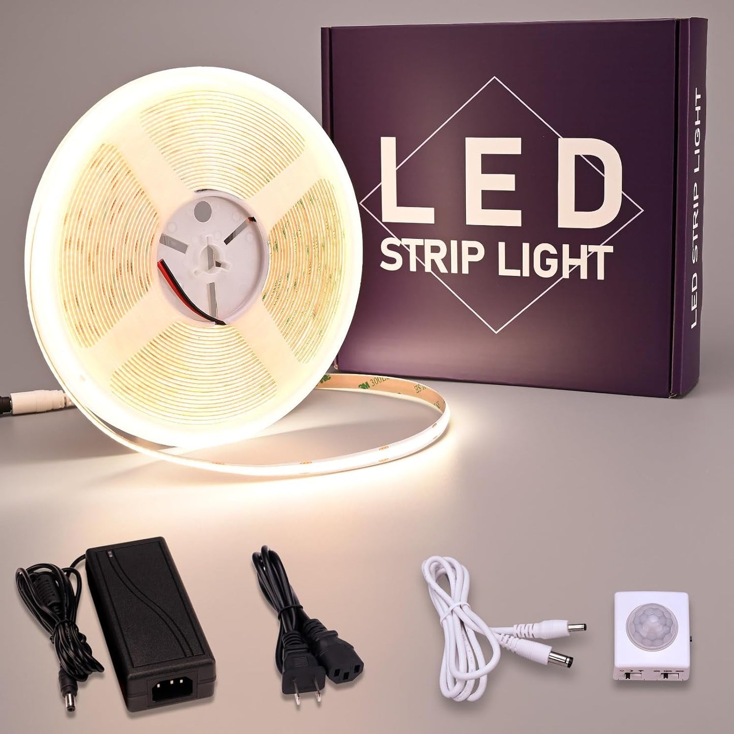 GOMING Motion Sensor COB LED Light Strip 16.4ft(5M) Cool White 6000K | 3 Lighting Modes 3 Timing Off Modes 3 Brightness Modes with Power Adapter for Kitchen Cabinets Stair Showcase Bedroom Bed