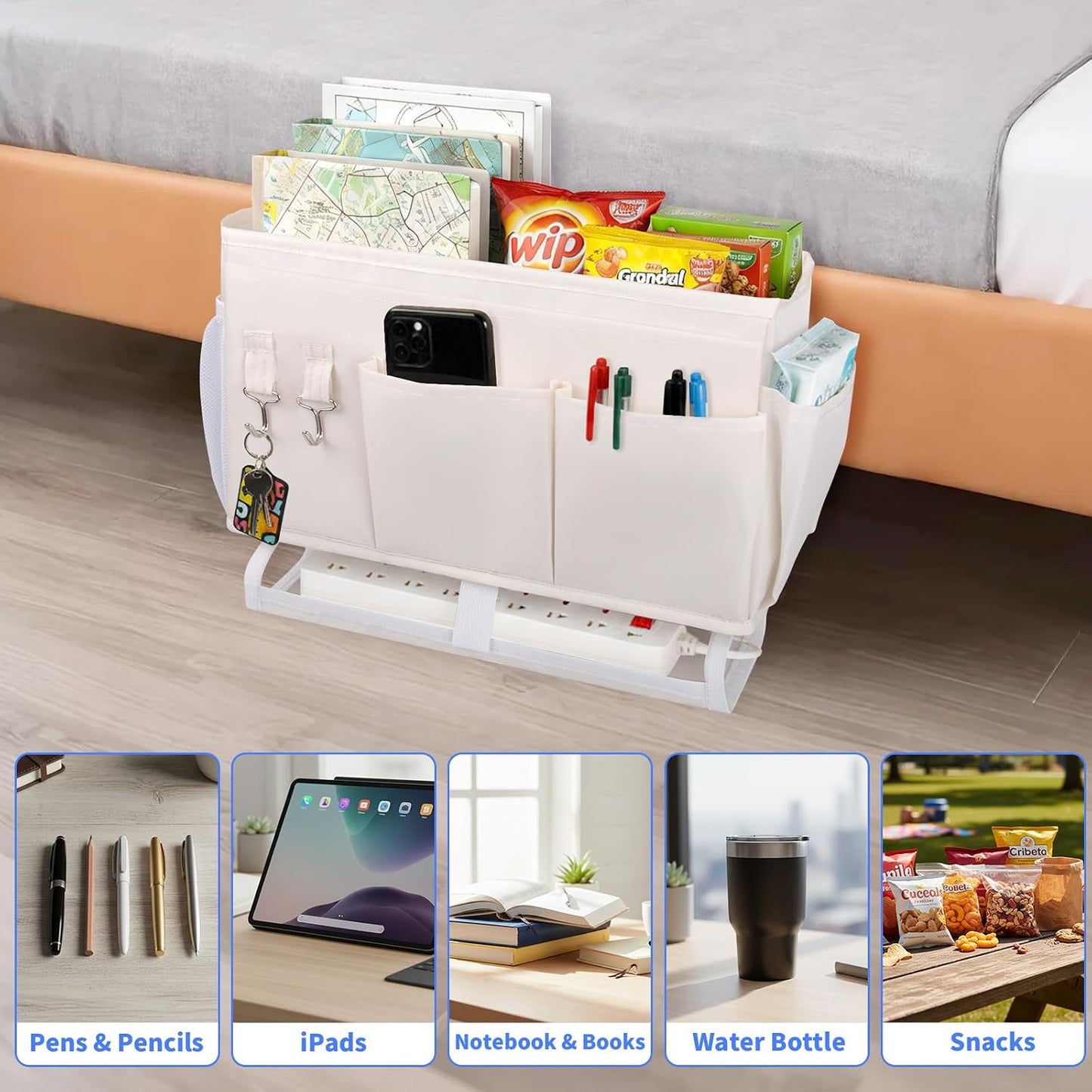 2Pcs Bedside Caddy for Dorm Bed Bedside Organizer, Bedside Storage with 10 Pockets and Power Strip Holder, Multifunctional Bedside Pocket for Home, College, Dorm, Bunk/Hospital/Crib Bed (Beige)