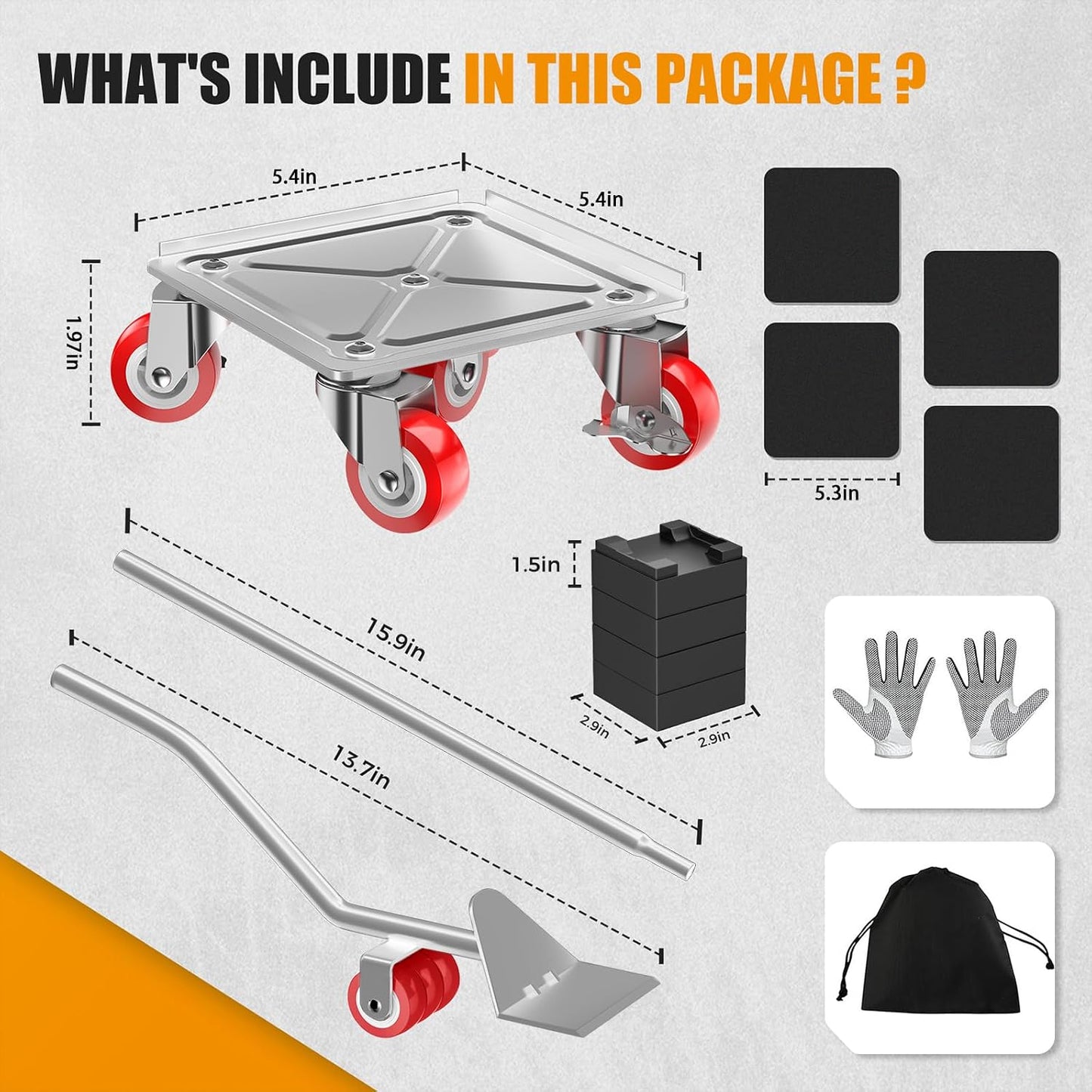 LOYAL TIGER 1500LBS Heavy Duty Furniture Dolly & Movers Set (5.4 Inch, Red) | 5-Wheel Carbon Steel Rollers with Locking Casters & Lifter. Moving Kit for Refrigerator, Washer, Sofa & Cabinet.