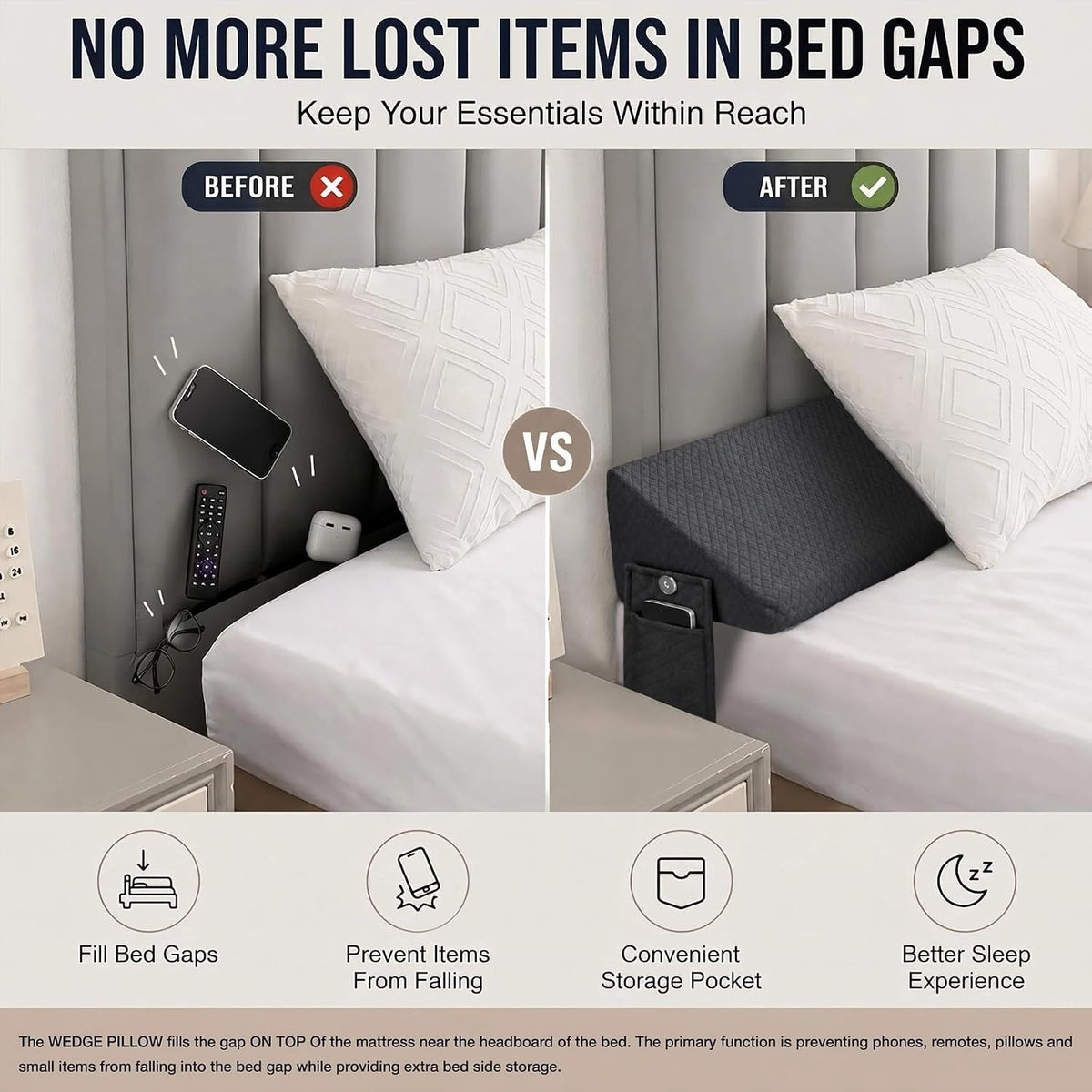 Full Size Bed Wedge Pillow for Headboard, Bed Gap Filler Black