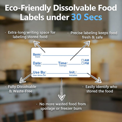 2"x1" Instantly Dissolvable Food Labels Roll 200 Pcs | Fast Dissolve in 30 Sec, Zero Residue, Removable Freezer Labels for Food Storage Containers Perfect for Jar Bottles Glass