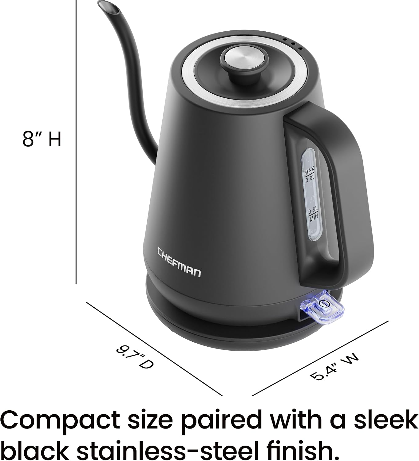 Chefman Gooseneck Electric Kettle, 0.8L Pour Over Tea Kettle for Coffee and Tea, One-Touch Operation, Boil-Dry Protection, Auto Shut-Off, Ultra-Fast Hot Water Boiler – Black