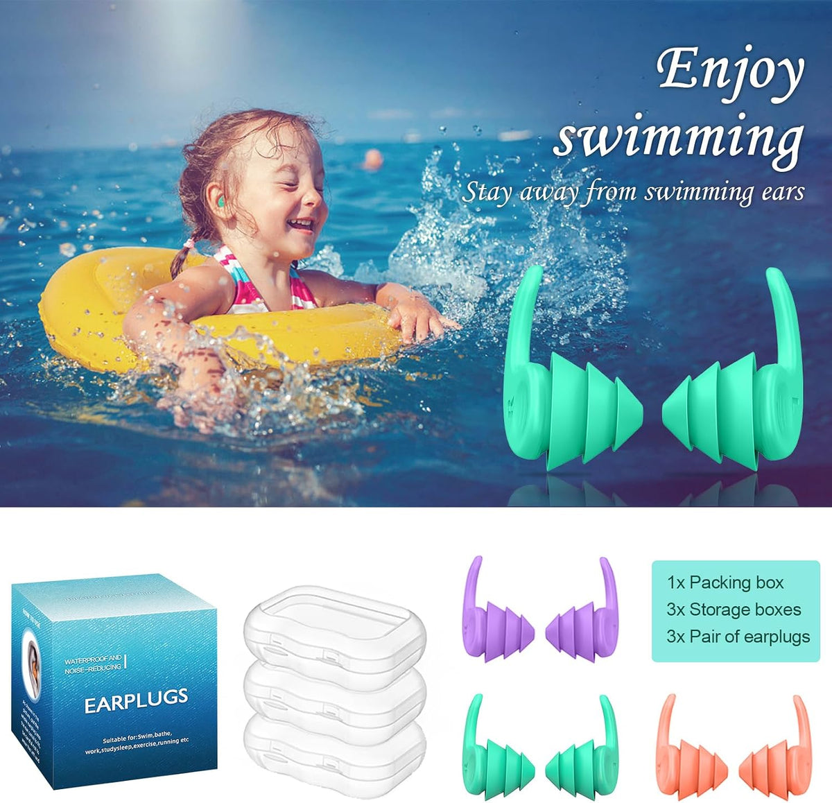 Swimming Ear Plugs for Adults,3 Pairs Waterproof Reusable Silicone Swim Earplugs for Swimming Surfing Snorkeling Showering and Water Pool,Beach,Ocean (Adults & Teens 14+)