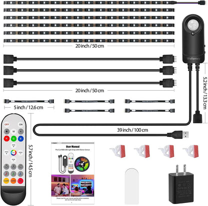 RGB Under Cabinet Lights with Motion Sensor, 6 Pre-Cut LED Strip Lights with Remote Control, Music Sync Color Changing Closet Lights, for Kitchen, Counter, Shelf, TV Backlight, Bookcase, 9.8ft