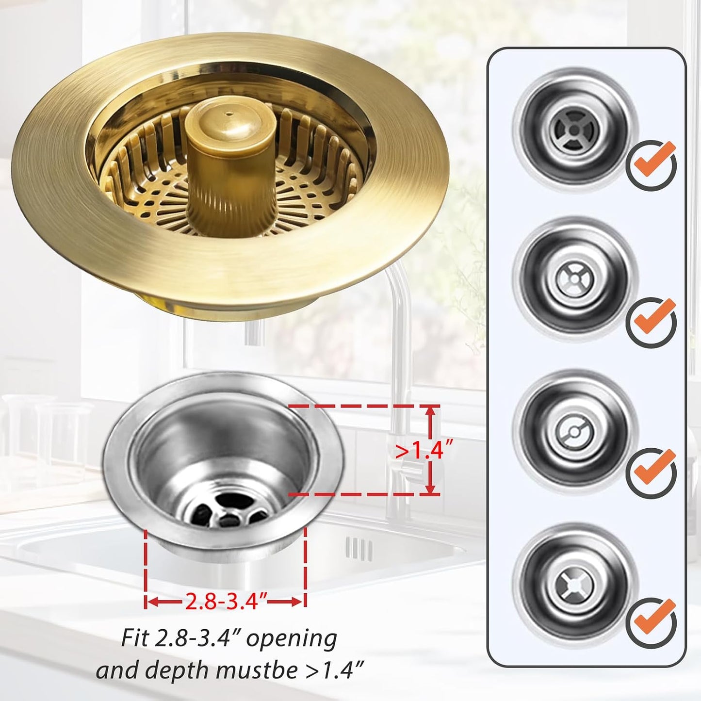 Anlige Kitchen Sink Drain Strainer, 3 in 1 Pop Up Kitchen Sink Stopper, with An Extra Basket Strainer, Universal for US Standard 3-1/2 Inch, Chrome Silver