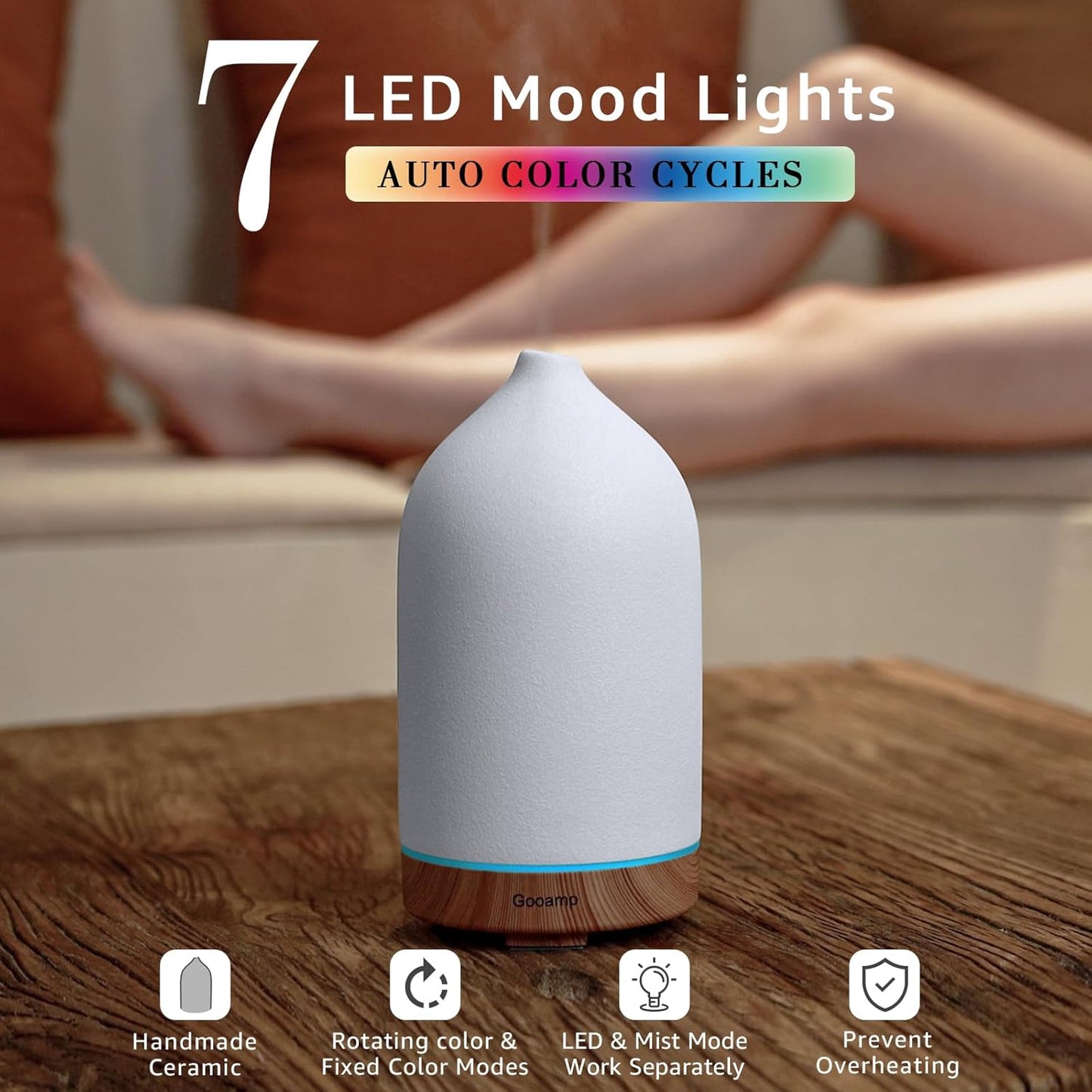 Gooamp 200ML Ceramic Essential Oil Diffuser for Home - Ultrasonic Aromatherapy Diffuser Humidifier with 7 Color LED Lights, Auto Shut-Off, 3 Timers for Bedroom, Office, Yoga, Black