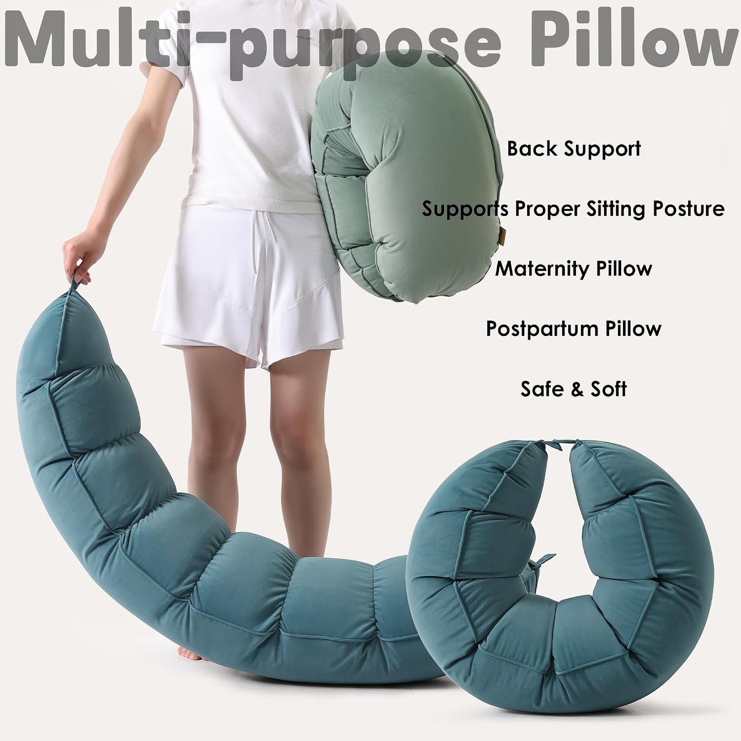Peallow(Pat. Pend) – Long Round Body Pillow for Adults, Bolster Pillow for Sleeping, Soft and Supportive Pillow for Sleeping & Lumbar Support (Green-White, 29.5")