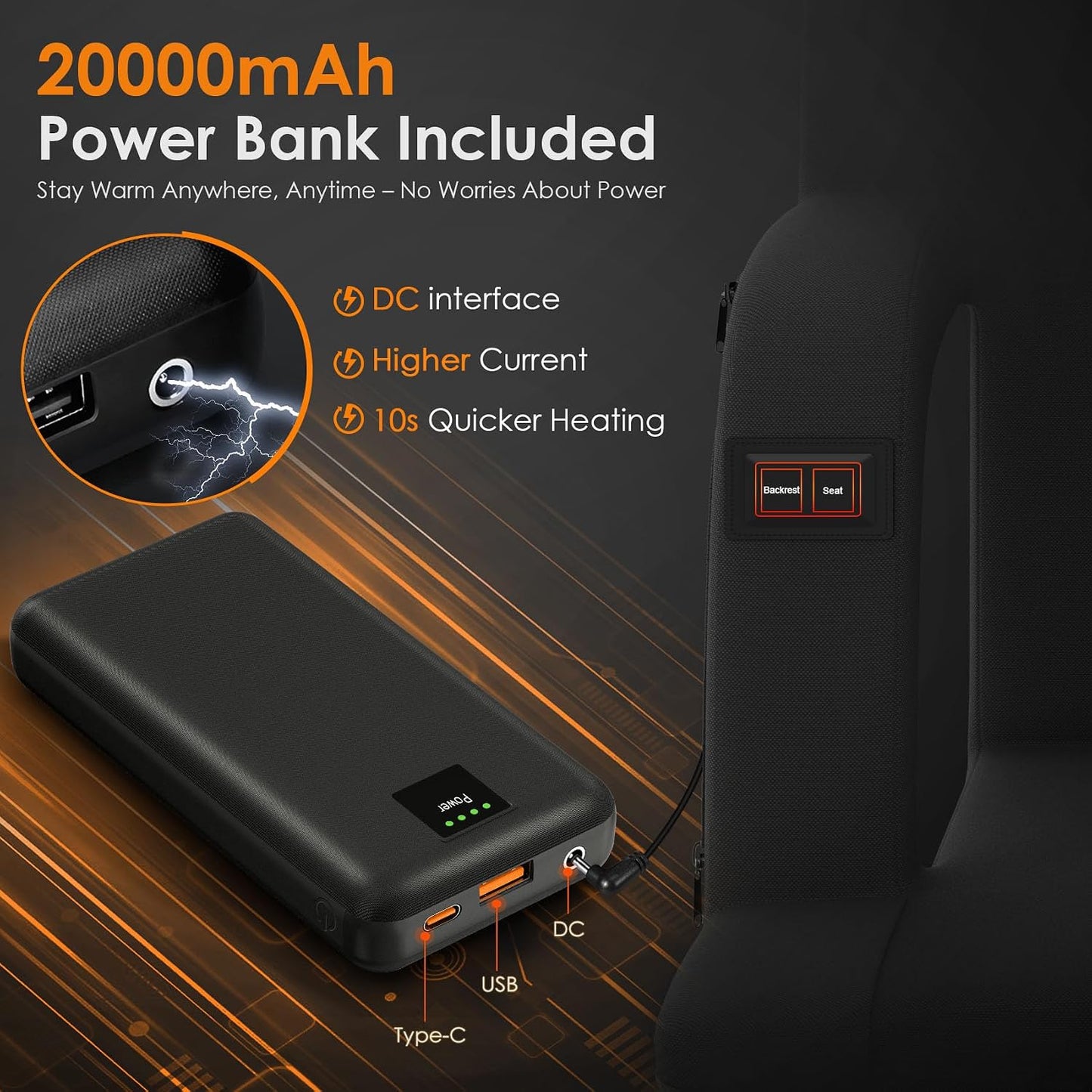 HOPERAN Heated Stadium Seats for Bleachers with Power Bank, Dual Control | Independent Seat & Back Heat (20000mAh Battery Included), Soft Cushion, 6 Recliner, Anti-Slip Stability, Side Pockets