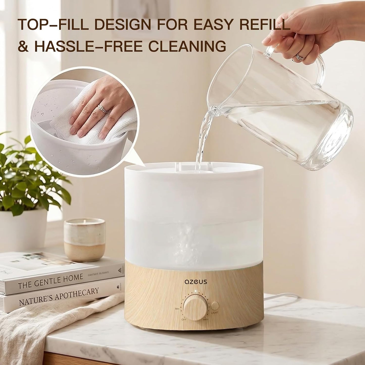 AZEUS SK7620 1.8L Ultrasonic Humidifier with 7 Color Night Light, Cool Mist Humidifier with Adjustable Output, Quiet Operation & Auto Shut-Off for Home and Office