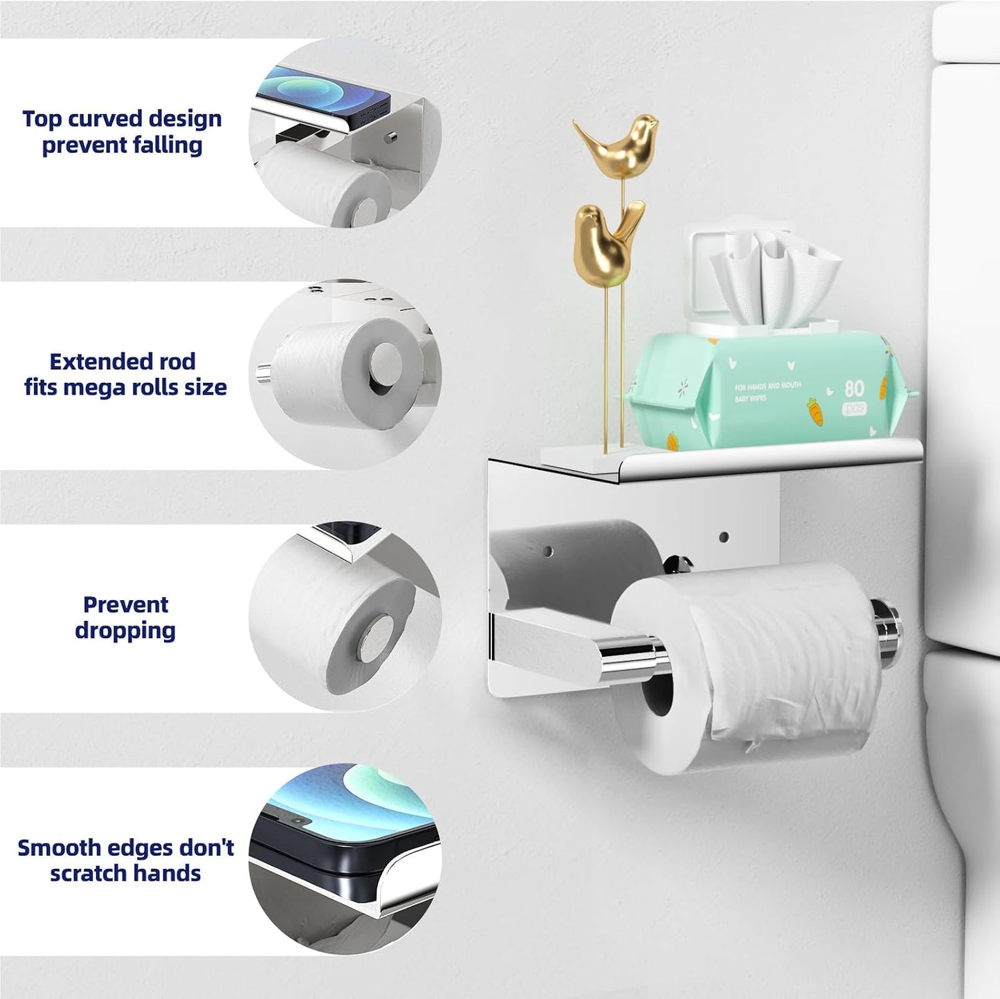 GLNLQ Matte Black Toilet Paper Holder with Shelf, Fits Mega Rolls Size | Adhesive or Screw-in, Waterproof and Rustproof Stainless Steel, Wall Mount Design, Modern Stylish Design, for Bathroom, RV