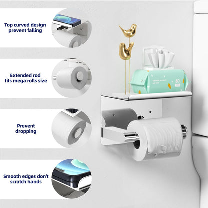 GLNLQ Matte Black Toilet Paper Holder with Shelf, Fits Mega Rolls Size | Adhesive or Screw-in, Waterproof and Rustproof Stainless Steel, Wall Mount Design, Modern Stylish Design, for Bathroom, RV
