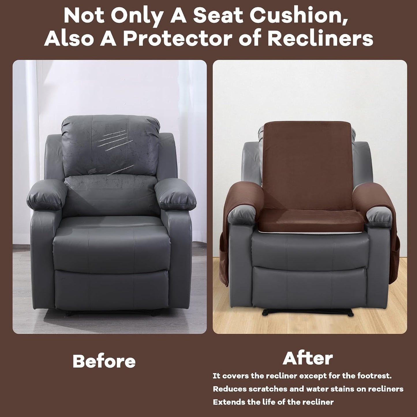 HOMBYS Recliner Chair Cushion for Elderly with Lumbar Support Pillow & Recliner Armrest Cover, 20"x20" Memory Foam Seat Cushion Non-Slip & Supportive, Machine Washable, Brown