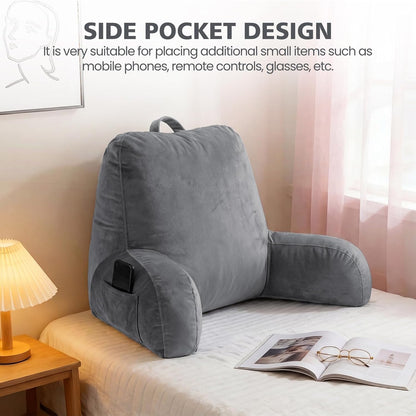 Reading Pillow with Adjustable Memory Foam,Adult Backrest with Arms, Back Pillow for Sitting in Bed with Washable Cover- Large, Gray