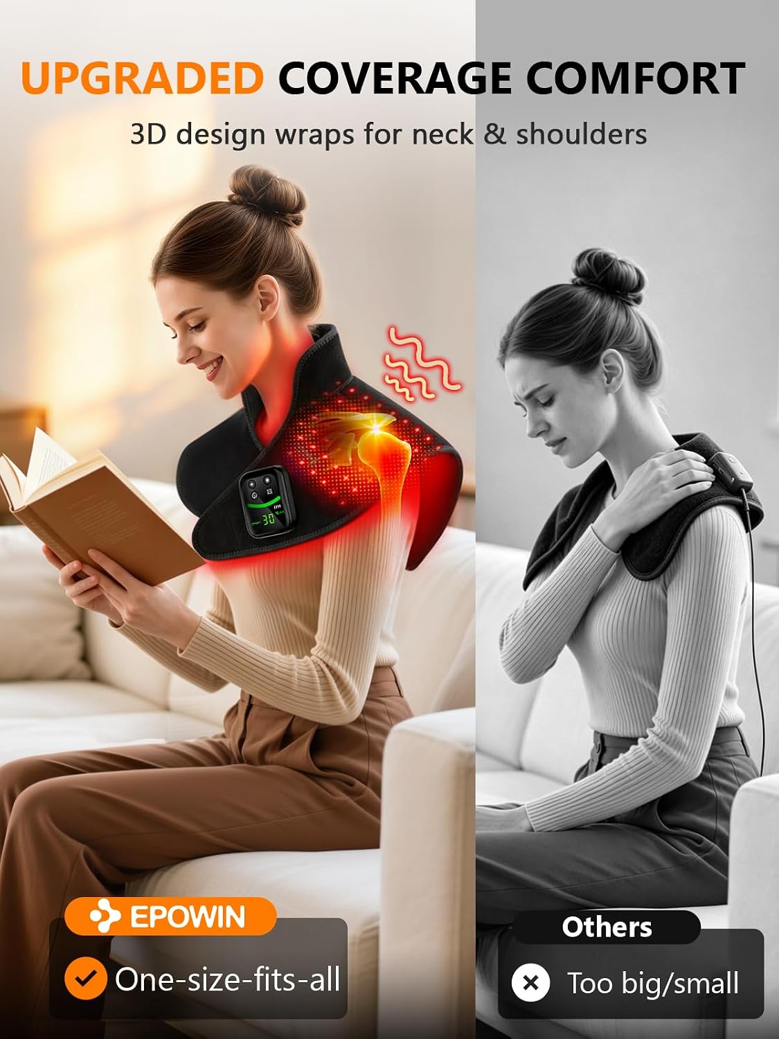 Red Light Therapy for Neck Shoulder 118 LEDs with Heat & Vibration | Infrared Light Pad with 354 Beads 660nm & 850nm, 5000mAh Cord-Free Controller, for Upper Back, Shoulder, Neck, Black