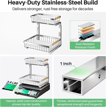 Kitstorack Under Sink Organizer, 2 Tier Under the Sink Storage, Slide out Pull out Cabinet Organizer Shelf, Metal Sliding Drawer for Kitchen Bathroom Pantry Closet Organization Rack, Black, 2 Pack