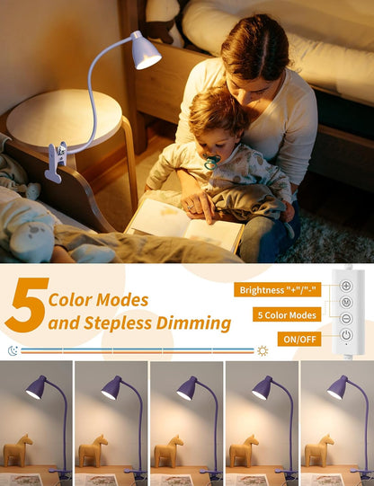 BOHON Desk Lamp 5 Color Modes 10 Brightness Dimmer Reading Light Black | 10W 38 LED Clamp Lamp with Auto Off Timer 360° Flexible Neck Clip on Light for Bed Bedside, AC Adapter Include